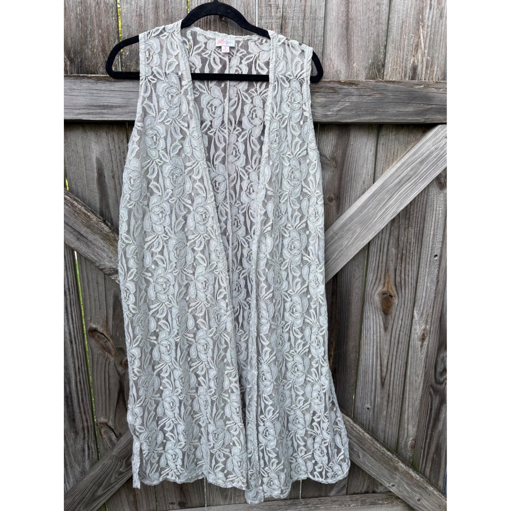 LuLaRoe Joy Vest Womens Small S Mint Green‎ Floral Lace Longline Open Front Boho